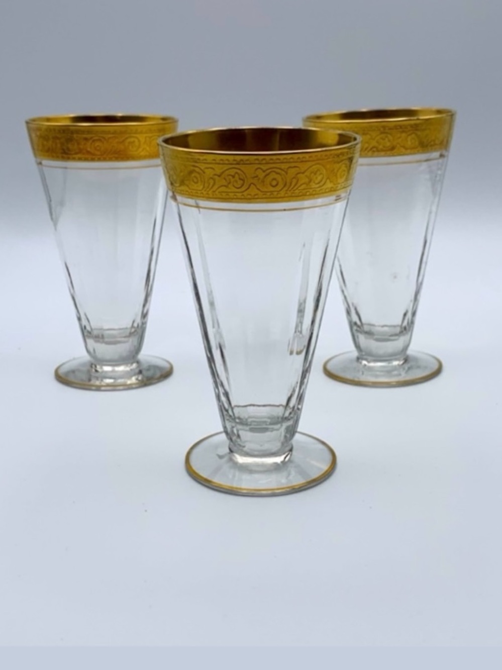 Vintage 40s Tiffin Franciscan Crystal Minton
Gilt Etched Footed Drinking Glasses